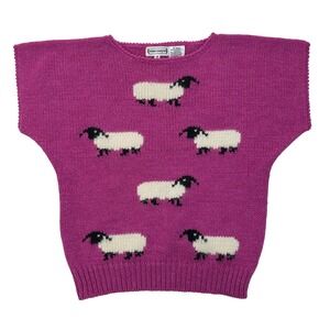 90s Vtg Stone Canyon Sheep Sweater Knit Top Short Sleeve Purple Novelty Medium